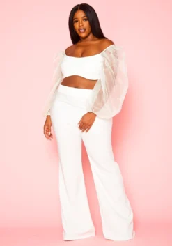 Plus Size Balloon Sleeve Crop Top And Pants Set