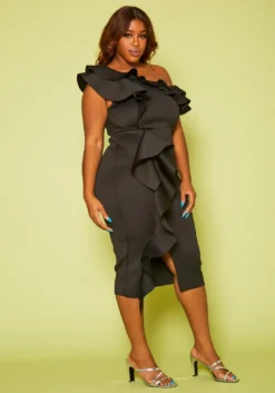 Plus Size Ruffle Asymmetrical Shoulder Midi Dress -Asoph Fashion Shop 2020812 001 4