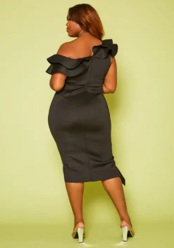 Plus Size Ruffle Asymmetrical Shoulder Midi Dress -Asoph Fashion Shop 2020812 001 5