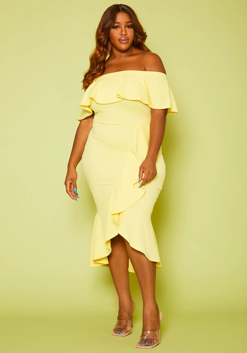 Plus Size High-Low Off Shoulder Ruffle Midi Dress 3 Plus Size High-Low Off Shoulder Ruffle Midi Dress - Image 3