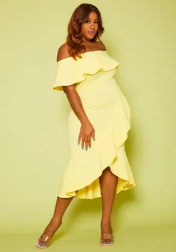 Plus Size High-Low Off Shoulder Ruffle Midi Dress