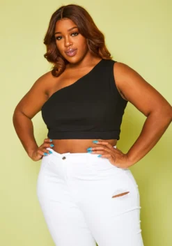 Plus Size Ribbed One Sleeve Crop Top -Asoph Fashion Shop 2020817 001 3