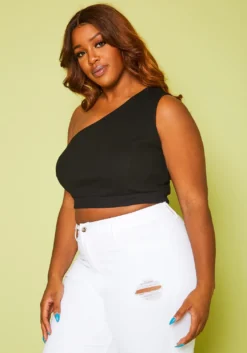 Plus Size Ribbed One Sleeve Crop Top -Asoph Fashion Shop 2020817 001 4