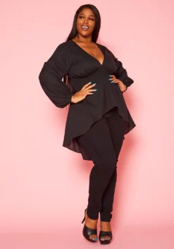 Plus Size High-Low Lantern Sleeve Blouse