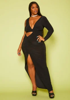 Plus Size One Sleeve Cut Out Maxi Dress -Asoph Fashion Shop 2020838 001 2