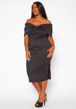 Plus Size Bow Off Shoulder Midi Dress