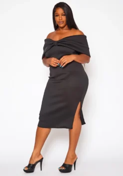 Plus Size Bow Off Shoulder Midi Dress -Asoph Fashion Shop 2020842 001 4