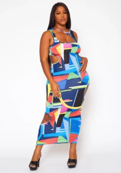 Plus Size Abstract Pattern Cut-Out Midi Dress