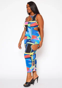 Plus Size Abstract Pattern Cut-Out Midi Dress -Asoph Fashion Shop 2020844 001 4