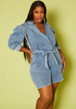 Plus Size Glitter Lace Up Denim Romper
