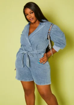 Plus Size Glitter Lace Up Denim Romper -Asoph Fashion Shop 2020854 001 3