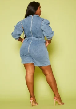 Plus Size Glitter Lace Up Denim Romper -Asoph Fashion Shop 2020854 001 5