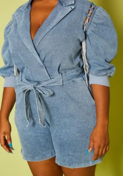 Plus Size Glitter Lace Up Denim Romper -Asoph Fashion Shop 2020854 001 6