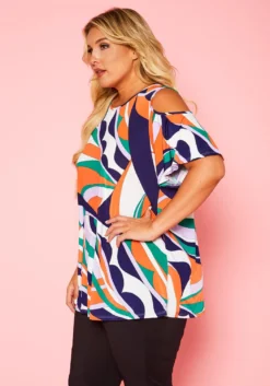 Plus Size Abstract Pattern Cold Shoulder Top -Asoph Fashion Shop 2020871 001 3