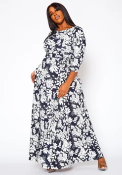Plus Size Fit & Flare Floral Print Belted Maxi Dress -Asoph Fashion Shop 2020893 001 3