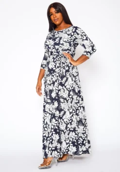 Plus Size Fit & Flare Floral Print Belted Maxi Dress -Asoph Fashion Shop 2020893 001 4