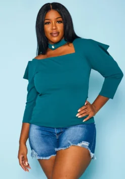 Plus Size Choker Neck Long Sleeve Top -Asoph Fashion Shop 2020920 003 2