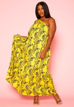 Plus Size One Shoulder Floral Print Maxi Dress