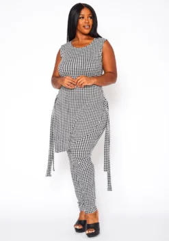 Plus Size Houndstooth Print Sleeveless Two Piece Set