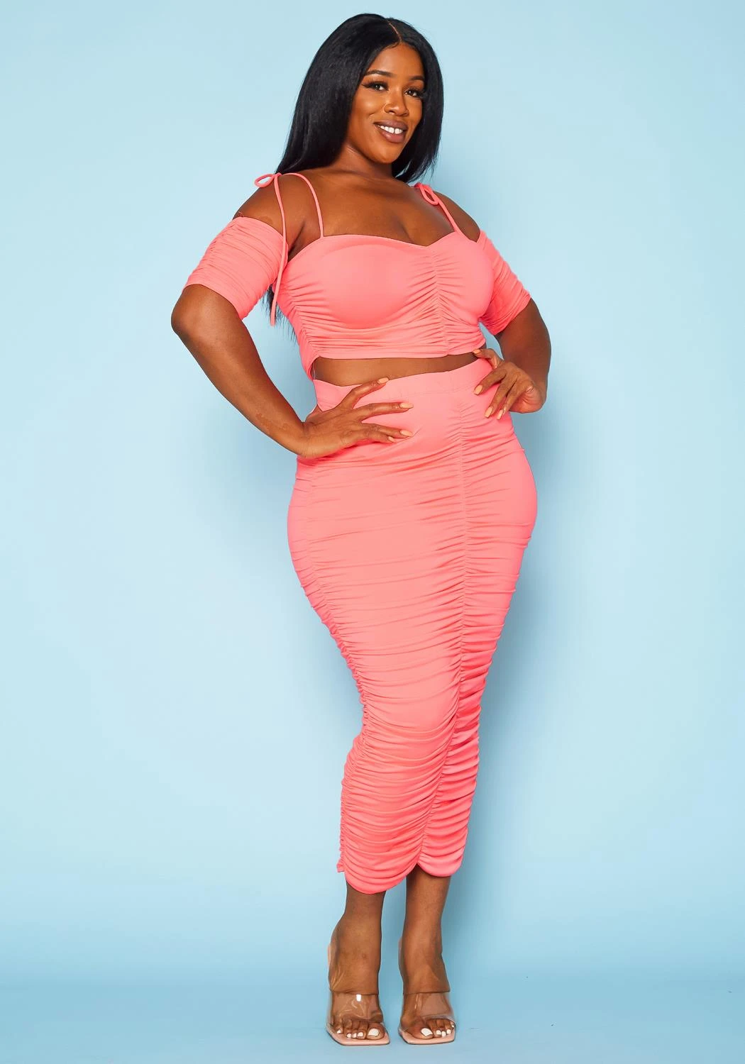 Plus Size Ruched Crop Top & Skirt Two Piece Set 1 Plus Size Ruched Crop Top & Skirt Two Piece Set