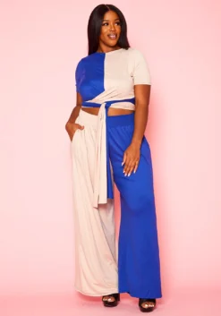Plus Size Color Splice Crop Top & Pants Set