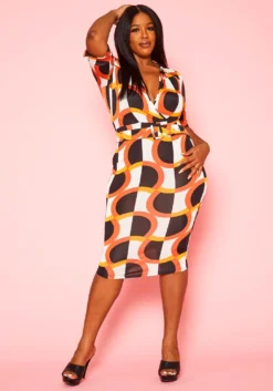 Plus Size Abstract Print Belted Bodycon Midi Dress