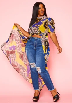 Plus Size Multi Print Chiffon High Low Top