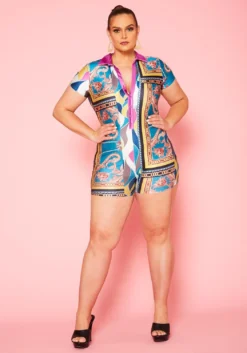 Plus Size Multi Summer Print Collar Romper