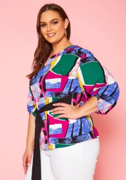 Plus Size Abstract Pattern Waist Tie Blouse -Asoph Fashion Shop 2020966 001 3