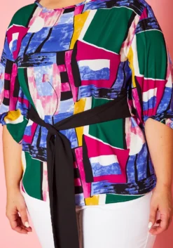 Plus Size Abstract Pattern Waist Tie Blouse -Asoph Fashion Shop 2020966 001 5