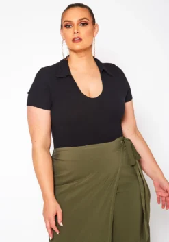 Plus Size Open Collar Ribbed Bodysuit
