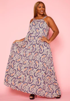 Plus Size Paisley Print Maxi Flare Dress