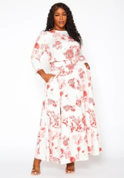Plus Size Antique Floral Print Crop Top & Maxi Skirt Set -Asoph Fashion Shop 2020990 001 3