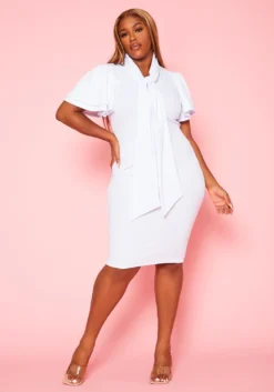 Plus Size Front Collar Tie Bodycon Midi Dress