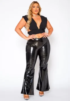 Plus Size PU Leather Low Rise Flare Pants