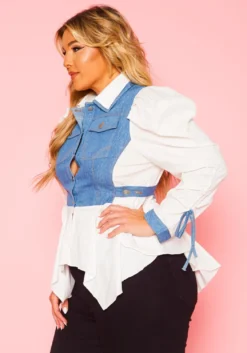 Plus Size Denim Contrast Flare Top -Asoph Fashion Shop 2021020 001 2