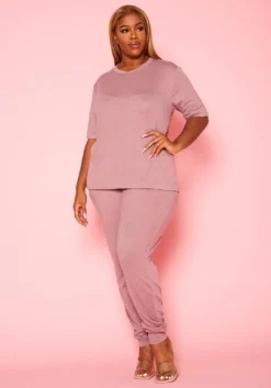 Plus Size Knit Half Sleeve Top And Jogger Pants Set -Asoph Fashion Shop 2021040 002 2