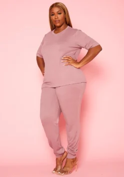 Plus Size Knit Half Sleeve Top And Jogger Pants Set -Asoph Fashion Shop 2021040 002 3