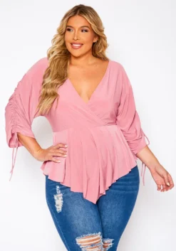 Plus Size Surplice Shirred Sleeve Peplum Blouse