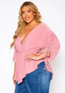 Plus Size Surplice Shirred Sleeve Peplum Blouse -Asoph Fashion Shop 2021079 001 3