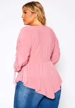 Plus Size Surplice Shirred Sleeve Peplum Blouse -Asoph Fashion Shop 2021079 001 4