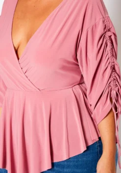 Plus Size Surplice Shirred Sleeve Peplum Blouse -Asoph Fashion Shop 2021079 001 5