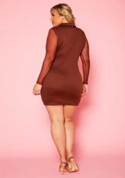 Plus Size Collared Bodycon Dress With Mesh Sleeves -Asoph Fashion Shop 2021085 002 5
