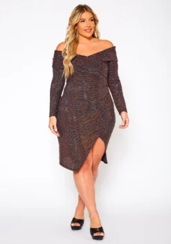 Plus Size Sequin Off Shoulder Midi Dress