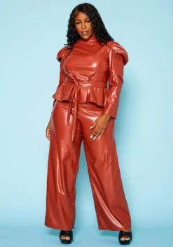 Plus Size Faux Leather Peplum Top & Pants Set -Asoph Fashion Shop 2021099 001 1