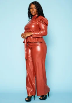 Plus Size Faux Leather Peplum Top & Pants Set -Asoph Fashion Shop 2021099 001 3