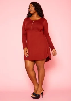 Plus Size Button Hem Long Sleeve Flare Mini Dress -Asoph Fashion Shop 2021104 003 2