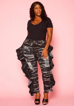 Plus Size Acid Washed Ruffle Hem Denim Jeans -Asoph Fashion Shop 2021117 001 2