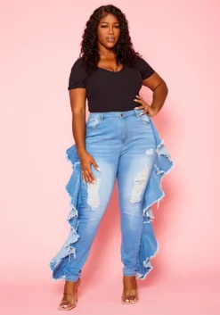 Plus Size Blue Wash Ruffle Hem Denim Jeans