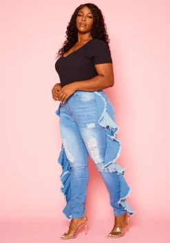 Plus Size Blue Wash Ruffle Hem Denim Jeans -Asoph Fashion Shop 2021118 001 2